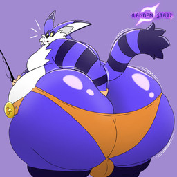 anthro belt big_butt butt cheek_tuft clothing digging_into_butt facial_tuft fishing_rod glistening glistening_butt huge_butt looking_at_viewer male motion_lines noticing obese obese_male overweight overweight_male purple_body simple_background solo striped_body stripes tuft underwear landon_starz sega sonic_the_hedgehog_(series) big_the_cat domestic_cat felid feline felis humanoid mammal 1:1 hi_res