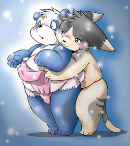 anthro asian_clothing assisted_exposure blush clothing duo east_asian_clothing etchu_fundoshi fundoshi japanese_clothing male obese overweight stripes suggested surprised tail underwear young chibineco amuru_(chibineco) nash_(chibineco) bear domestic_cat felid feline felis giant_panda mammal source_request