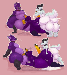 anthro ball_squeeze balls belly big_balls big_balls_small_penis big_belly big_butt bodily_fluids butt butt_slap chastity_cage chastity_device collar cum cum_inflation cum_inside cum_while_chaste disproportionate_genitalia excessive_cum excessive_genital_fluids excessive_precum flat_chastity_cage genital_fluids genitals gold_(metal) gold_chastity_cage gold_chastity_device group huge_balls huge_butt hyper hyper_balls hyper_genitalia inflation leaking_cum looking_pleasured machine male male/male overweight penis precum slap small_penis trio wearing_chastity_cage wearing_chastity_device ridge_(artist) felix_topswell gen_(natronus) avian bird corvid corvus_(genus) kobold oscine passerine robot scalie absurd_res hi_res nonbinary_(lore)