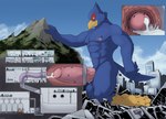 anthro blue_body bodily_fluids city cutaway destruction erection facility genital_fluids genitals internal kneeling macro male mountain penetration penile penis penis_milking precum solo tunnel worship corrsk nintendo star_fox falco_lombardi avian absurd_res hi_res