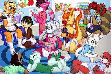 ambiguous_gender anthro baby_bodysuit beak book bookshelf clothed clothing detailed_background diaper diaper_under_clothing dipstick_ears dipstick_tail ear_markings exposed_diaper eyes_closed fur furniture group hair large_group lying maid_uniform markings multicolored_ears onesie open_beak open_mouth pacifier plushie shirt sitting sleeping smile snapsuit standing tail tail_markings text topwear uniform young monsterbunny marcus_(thatlioxymaid) mint_(thefurryboat) archived_source character_request digital_drawing_(artwork) digital_media_(artwork) english_text hi_res