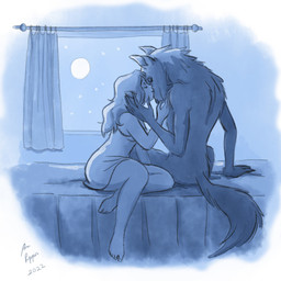 anthro bed breasts clothed clothing cuddling curtains curtains_open duo female full_moon fur furniture hair inside interspecies long_hair male moon night nightgown nude on_bed romantic romantic_couple side_boob sitting star window anapepper-comics mythology canid canine human mammal mythological_canine mythological_creature werecanid werecanine werecreature werewolf 1:1 hi_res monochrome signature