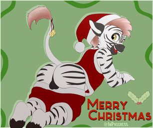 anthro balls band-aid bandage bell bottomwear bottomwear_down butt christmas_clothing christmas_headwear clothed clothing exposed genitals happy hat headgear headwear holiday_message holidays lying male pants pants_down partially_clothed rear_view santa_hat solo text young inprogress christmas ajax_(inprogress) equid equine mammal zebra 6:5 absurd_res english_text hi_res