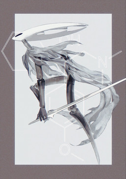 2_horns ambiguous_gender anthro biped black_body cloak cloak_only clothing geometric_background holding_object holding_weapon horn humanoid_hands long_legs long_neck nail_(weapon) segmented_body side_view simple_background skinny_ambiguous skinny_anthro solo weapon white_head delusion_lepton pure_vessel_(hollow_knight) arthropod insect digital_drawing_(artwork) digital_media_(artwork) hi_res shaded