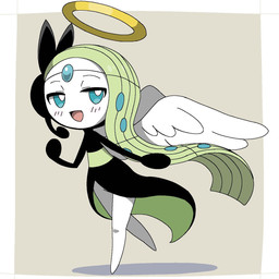 black_body blue_eyes blush blush_lines clothing dress featureless_feet feet female forehead_gem gem green_body green_hair hair halo narrowed_eyes open_mouth open_smile pseudo_clothing pseudo_hair smile solo wings noye nintendo pokemon angel generation_5_pokemon humanoid legendary_pokemon meloetta meloetta_(aria_form) pokemon_(species) 1:1 2026 digital_drawing_(artwork) digital_media_(artwork) hi_res