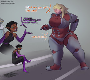 anthro armor_plates blonde_hair bodysuit brown_body brown_skin clothing eyewear facial_piercing female glasses gloves group hair handwear humanoid_pointy_ears looking_at_another nose_piercing piercing pointy_ears septum_piercing sitting sitting_on_ground size_difference skinsuit street text three-quarter_view tight_clothing trio errokioslem maslina_(errokioslem) canid canine canis dobermann domestic_dog elf humanoid mammal pinscher english_text full-length_portrait hi_res portrait