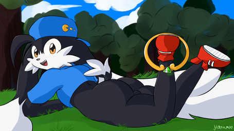 anthro backwards_baseball_cap backwards_hat balls baseball_cap bottomless butt clothed clothing footwear genitals hat headgear headwear looking_at_viewer looking_back lying male on_front outside ring shirt shoes solo topwear hornamoo bandai_namco klonoa_(series) klonoa domestic_cat felid feline felis hybrid lagomorph leporid mammal rabbit hi_res