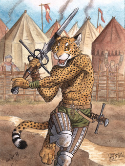 4_toes abs anthro athletic athletic_anthro athletic_male barefoot belt biped bodily_fluids claws clothed clothing cuisse digitigrade fangs feet finger_claws fur greatsword holding_melee_weapon holding_object holding_sword holding_weapon looking_at_viewer male markings melee_weapon messer_(sword) navel open_mouth open_smile outside paws pecs smile smiling_at_viewer solo spots spotted_body spotted_fur sweat sword teeth tent toe_claws toes topless topless_anthro topless_male weapon white_body white_fur yellow_body yellow_eyes yellow_fur zweihander 0laffson enorach_(0laffson) cheetah felid feline mammal 2025 hi_res traditional_media_(artwork)