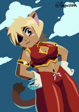 anthro eye_patch eyewear female fur sky skyscape solo standing tan_body tan_fur gingastella cyberconnect2 little_tail_bronx tail_concerto alicia_pris felid feline mammal absurd_res hi_res