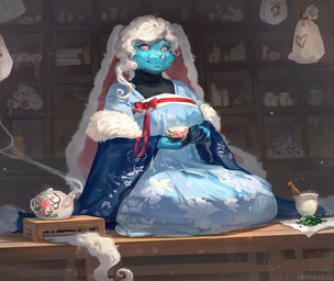 anthro blue_body blue_fur container cup female fur furniture hair holding_container holding_cup holding_object holding_tea_cup mortar on_table pestle red_eyes smile solo table tea_cup tea_kettle whiskers white_hair devergilia lagomorph leporid mammal rabbit 2024 hi_res
