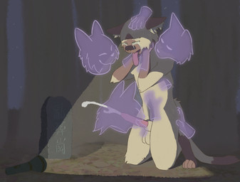 4_toes animal_genitalia asphyxiation balls blue_eyes blue_sclera bodily_fluids brown_body brown_ears brown_fur choking crying cum disembodied_hand feet flashlight forest fur genital_fluids genitals ghost_hand ghost_sex imminent_death inner_ear_fluff male multicolored_body multicolored_fur night orange_nose orgasm penis pink_penis pink_tongue plant sheath solo tail tears teeth_showing toes tongue tongue_out tree tuft white_body white_fur chuchochi domestic_cat felid feline felis mammal