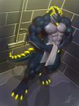 abs anthro armband biceps big_feet big_muscles claws convenient_censorship detailed_background dewclaw digitigrade feet glowing high-angle_view looking_at_viewer male muscular muscular_anthro muscular_male nude pecs shower smile solo spikes toe_claws toes towel wet yellow_eyes raccoon21 hekar dinosaur prehistoric_species reptile scalie 2016 3:4 censored digital_media_(artwork) hi_res signature