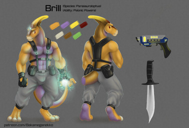 3_toes 5_fingers abs anthro aura biceps bottomwear clothing feet fingers gloves glowing glowing_hand green_eyes gun handgun handwear harness horn knife magic male markings muscular muscular_anthro muscular_male orange_body pants pistol psionic ranged_weapon solo tail text toes weapon bakameganekko brill_(vedrax) dinosaur hadrosaurid ornithischian ornithopod parasaurolophus prehistoric_species reptile scalie absurd_res hi_res model_sheet url