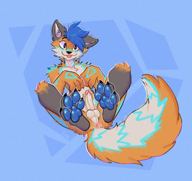 anthro anus balls blep blue_background blue_hair blue_markings blue_pawpads cheek_tuft erection facial_tuft feet_up fur genitals grey_body grey_fur hair humanoid_genitalia humanoid_penis lying male markings on_back orange_body orange_fur pawpads paws penis presenting presenting_anus presenting_balls presenting_penis simple_background smile solo tongue tongue_out tuft white_body white_fur wide_eyed xing1 canid canine fox mammal hi_res