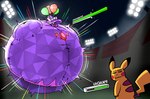 2023 balloon gameplay_mechanics generation_1_pokemon generation_4_pokemon gui health_bar hi_res hyper hyper_inflation inflatable inflation light lighting megalardon mismagius motion_lines nintendo pikachu pokemon pokemon_(species) purple_body sky stadium stadium_lighting yellow_body