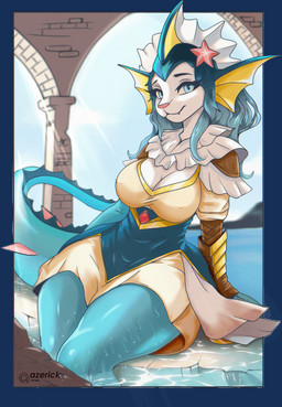 accessory anthro armor barefoot beach big_breasts biped blue_body blue_eyes blue_fur blue_hair breasts clothed clothing fangs feet female female_anthro fin front_view fur gauntlets gloves hair hair_accessory handwear inside island light light_beam long_hair looking_at_viewer mashup multicolored_body nipple_outline outside ruins sitting sitting_on_ground sky small_waist smile solo stle_wall sunbeam sunlight tail teeth text water wet wet_body wet_clothing white_body wide_hips aze nintendo pokemon eeveelution generation_1_pokemon generation_7_pokemon hybrid pokemon_(species) primarina vaporeon absurd_res alpha_channel artist_name colored hi_res shaded