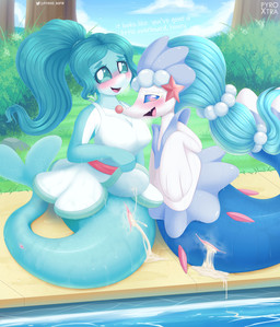 after_sex anus blush bodily_fluids cloud cum cum_in_vagina cum_inside duo eyebrows eyelashes female genital_fluids genitals hair looking_at_viewer open_mouth outside text vulva water pyroxtra brand_new_animal nintendo pokemon studio_trigger nina_flip aquatic cetacean generation_7_pokemon mammal pokemon_(species) primarina toothed_whale 2021 absurd_res digital_media_(artwork) english_text hi_res