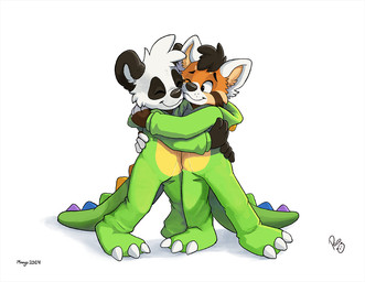animal_onesie anthro black_body black_fur black_hair closed_smile clothed clothing duo eyes_closed fur hair hug logo male mouth_closed one_eye_closed orange_body orange_fur short_hair simple_background smile standing white_background white_body white_fur young young_anthro young_male pandapaco parinton ailurid bear giant_panda mammal red_panda 2024 artist_logo dated signature
