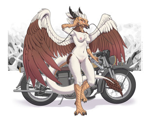 4_toes 5_fingers anthro barbel_(anatomy) beak black_beak black_horn breasts brown_body brown_ears brown_feathers eyebrows eyelashes feather_hair feathers feet female fingers genitals gun hair holding_object holding_weapon horn inner_ear_fluff looking_at_viewer motorcycle navel nipples non-mammal_breasts orange_eyes pink_nipples pseudo_hair ranged_weapon scuted_arms scuted_face scuted_legs scutes simple_background smile smiling_at_viewer smoke solo tail tail_tuft toes tongue tuft vehicle vulva weapon white_body white_ears white_feathers white_hair wings madbeak mythology eva_(ozawk) accipitrid accipitriform avian bird dragon eastern_dragon egyptian_vulture hybrid mythological_creature mythological_scalie old_world_vulture scalie vulture 2022 6:5 absurd_res full-length_portrait hi_res portrait