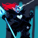 5_fingers abstract_background action_pose armor black_armor female fin fingers glowing glowing_eyes hair head_fin heart_symbol holding_melee_weapon holding_object holding_polearm holding_spear holding_weapon long_hair melee_weapon open_mouth polearm pose red_hair sharp_teeth smile solo spear teeth tied_hair weapon mousedrive undertale_(series) undyne animal_humanoid fish fish_humanoid humanoid marine marine_humanoid 2021 digital_media_(artwork) hi_res