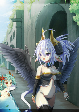 black_wings blush breasts clothing cute_fangs duo fangs female horn humanoid_pointy_ears not_furry open_mouth pointy_ears side_boob standing teeth water wings mofuaki human humanoid mammal winged_humanoid 2015