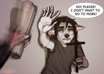5_fingers anthro black_hair clothed clothing cross eyebrows eyelashes fingers hair male religion text yellow_eyes nelly63 canid canine mammal 2021 digital_media_(artwork) english_text meme