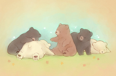 ambiguous_gender black_body black_fur brown_body brown_fur butt eyes_closed feral fur group sitting white_body white_fur young young_ambiguous young_feral petaro ppptr bear mammal polar_bear ursine 2015
