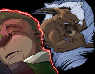 anthro bedding black_horn blanket brown_body brown_fur brown_hair clothing dream duo eyes_closed fur glowing glowing_body green_clothing hair horn male male/male memory muscular pillow red_glow sleeping smile teeth under_covers whiskers white_pillow pandottermon skallox toma_(pandottermon) mammal mustelid otter 2026 colored hi_res