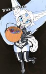 anthro blue_body blue_eyes blue_fur breasts candy clothing dessert female food fur hair holidays mask simple_background skeleton_costume skull_mask solo white_body white_fur white_hair blokfort halloween kalta_(blokfort) canid canine fennec_fox fox mammal true_fox 2022 hi_res