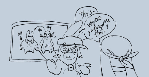 anthro arms_bent asking asking_another blue_body blue_clothing blue_hair blue_hat blue_headkerchief blue_headwear blue_kerchief blue_wall clothing dialogue directional_arrow duo eyebrow_through_hat female female_anthro floppy_ears hair hat headgear headkerchief headwear holding_object holding_stick interrupted kerchief long_ears looking_at_another lop_ears male male_anthro medium_hair mitten_hands no_pupils picture_frame question speech_bubble stick text thin_eyebrows wall_(structure) whistle_around_neck critterzone13 raving_rabbids rayman_(series) ubisoft autumn_(critterzone13) collar_(critterzone13) fan_character lemon_(critterzone13) lagomorph mammal rabbid 2023 english_description english_text sketch