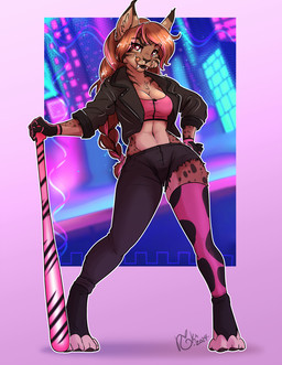 alternative_fashion anthro bottomwear brown_body brown_fur brown_hair brown_nose clothing denim denim_bottomwear denim_clothing female fur gloves hair handwear jacket jeans leather leather_clothing leather_jacket leather_topwear leggings legwear looking_at_viewer markings pants pink_eyes punk solo spots spotted_body spotted_fur topwear torn_bottomwear torn_clothing rika_(artist) zaide_(ashkelling) felid feline lynx mammal hi_res