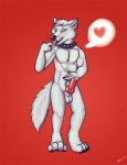 2011 anthro balls bodily_fluids canid canine canis collar cum cum_string erection fur genital_fluids genitals heart_symbol isil knot male mammal masturbation nude penis self_taste solo tail white_body white_fur wolf