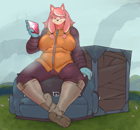 anthro big_breasts black_nose blue_clothing blue_gloves blue_handwear bodysuit boots box breasts brown_bodysuit brown_clothing brown_skinsuit clothing container crate eyelashes female footwear front_view fur gem gloves grey_boots grey_clothing grey_footwear handwear holding_gem holding_object looking_at_viewer one_eye_closed orange_clothing orange_eyes orange_topwear pink_body pink_fur shoes sitting skinsuit smile solo tan_body tan_fur tight_clothing topwear wink winking_at_viewer simpleesteban risk_of_rain sega sonic_the_hedgehog_(series) the_murder_of_sonic_the_hedgehog conductor's_wife_(sonic) canid canine canis domestic_dog mammal hi_res