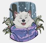 anthro clothed clothing fur looking_at_viewer male plant smile smiling_at_viewer snow snowing solo white_body white_fur ramahuro canid canine canis domestic_dog mammal hi_res