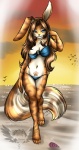 anthro beach bikini blue_eyes breasts brown_hair clothed clothed_anthro clothed_female clothing cloud eyebrows eyelashes female female_anthro fluffy fluffy_tail hair long_hair looking_at_viewer outside seaside skimpy sky solo swimwear tail two-piece_swimsuit shana densetsu_tenspirits felid hybrid lagomorph leporid mammal pantherine rabbit tiger