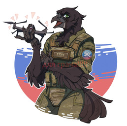 4_fingers anthro armor beak black_beak black_body black_claws black_feathers black_fur body_armor bottomwear bulletproof_vest camo claws clothed clothed_anthro clothed_male clothing coat_of_arms coat_of_arms_of_russia drone_(vehicle) emanata feathered_tail feathered_wings feathers finger_claws fingers flag flag_background fully_clothed fully_clothed_anthro fully_clothed_male fur green_eyes machine male pants patch_(fabric) politics red_tongue russian russian_federation russian_flag simple_background solo tail text tongue unsigned volunteer white_background white_sclera winged_arms wings gala_bobs russo-ukrainian_war avian bird corvid corvus_(genus) oscine passerine rook_(bird) 2024 digital_media_(artwork) distracting_watermark hi_res paint_tool_sai_(artwork) portrait russian_description russian_text three-quarter_portrait translated translated_description watermark