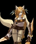 anthro bottomwear bra breasts claws clothed clothing ear_piercing female fur hair piercing shorts skimpy smile solo topwear torn_clothing tube_top underwear weapon moonyeah canid canine canis mammal wolf alpha_channel monochrome