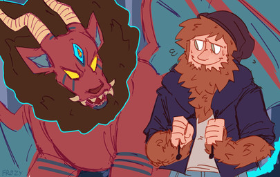 2_horns 3_eyes ambiguous_gender beanie beard bodily_fluids bottomwear brown_body brown_fur brown_hair clothed clothing denim denim_bottomwear denim_clothing duo facial_hair facial_markings feral fluffy fully_clothed fur hair hat head_markings headgear headwear hoodie horn jeans male markings membrane_(anatomy) membranous_wings multi_eye pants red_body sharp_teeth shirt smile sweat teeth topwear wings itsfrozenplanet drawfee_(copyright) nathan_yaffe_(character) demon humanoid sasquatch hi_res