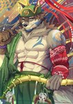 abs anthro clothing fur grey_body grey_fur hat headgear headwear male mongolian_clothing muscular muscular_anthro muscular_male pecs shirtless solo tattoo yellow_eyes novanovase lifewonders tokyo_afterschool_summoners temujin_(tas) canid canine canis mammal wolf hi_res