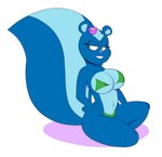 2021 absurd_res anthro big_breasts bikini blue_body blue_fur blue_tail breasts clothing digital_drawing_(artwork) digital_media_(artwork) female flower_accessory fur green_eyes hand_on_hip happy_tree_friends hi_res looking_away mammal mephitid navel no_pupils petunia_(htf) pink_nose simple_background sitting skunk solo swimwear tail tempson two_tone_tail white_background