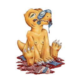 3_toes advertisement anthro blue_cloth claws death disembodied_eyes eyeball eyewear feet goggles gore gore_focus green_eyes male nipples orange_body orange_nipples orange_skin orange_tail remains sharp_teeth simple_background sitting solo tail teeth toes white_background white_claws haley_perry bandai_namco digimon prisma taichi_kamiya agumon digimon_(species) dinosaur prehistoric_species reptile scalie 1:1 2021 crayon_(artwork) english_description hi_res painting_(artwork) traditional_media_(artwork) watercolor_(artwork)
