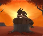 anthro big_breasts big_butt breasts butt cliff duo female forest horizon hug huge_breasts huge_butt hugging_another hugging_from_behind mountain plant rear_view sky sunset text tree tree_stump katzenart clara_(katzenart) rebecca_(katzenart) bovid caprine demon mammal procyonid raccoon sheep english_text hi_res