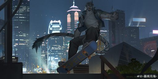 anthro beard blue_beard blue_clothing blue_eyes blue_facial_hair blue_topwear blue_vest building clothed clothing electronics facial_hair front_view fur glistening glistening_eyes grey_body grey_fur grey_hair hair headphones headphones_around_neck hong_kong international_finance_centre male male_anthro markings modern_architecture night open_clothing open_mouth open_smile open_topwear open_vest outside short_hair skateboard skateboarding skyscraper smile solo striped_markings striped_tail stripes tail tail_markings topwear vehicle vest white_body white_clothing white_fur white_topwear awaldkize felid mammal pantherine tiger absurd_res hi_res