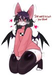 anthro bat bat_wings big_ears black_hair bodily_fluids clothed clothing cosplay cute_fangs english_text female fredek666 front_view fur hair hi_res kneeling legwear madotsuki mammal membrane_(anatomy) membranous_wings simple_background small_wings smile solo stockings sweat sweatdrop sweater text thick_thighs thigh_highs topwear turtleneck white_body white_fur wings yume_nikki