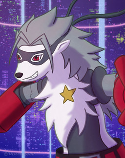 abstract_background ambiguous_gender anthro belt bottomwear chest_tuft clothed clothing fur grey_body grey_fur grey_hair hair mechanical_arm pants red_eyes solo star teeth topless tuft white_body white_fur discardwolf bandai_namco digimon digimon_beatbreak digimon_(species) wolvermon 2025 digital_media_(artwork) hi_res