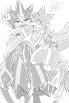 angry anthro blush cape claws clothing codpiece duo evolutionary_family heart_symbol horn hug male one_eye_closed scarf smile wink im7yx bandai_namco digimon digimon_ghost_game betelgammamon digimon_(species) gulusgammamon scalie hi_res monochrome