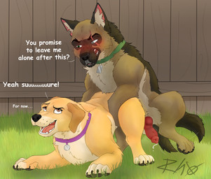 all_fours animal_genitalia animal_penis balls bending bent_over blush bodily_fluids brown_body canine_genitalia canine_penis claws collar cum cum_drip cum_on_penis detailed_background doggystyle dripping duo erection feet female fence feral feral_on_feral floppy_ears from_behind_position fur genital_fluids genitals grass knot looking_at_another looking_back male male/female mating_grip mounting nervous nude open_mouth outside pawpads paws penis plant scar sex simple_background smile snout sweat tail tail_motion tailwag teeth text tongue yard yellow_body rhox pixie_and_brutus brutus_(pixie_and_brutus) lola_(pixie_and_brutus) bird_dog canid canine canis domestic_dog german_shepherd golden_retriever herding_dog hunting_dog mammal pastoral_dog retriever digital_media_(artwork) shaded