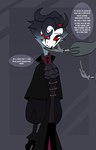 alternative_fashion anthro dark_clothing duo goth grey_background j-fashion looking_down male moody ouji_(fashion) red_eyes simple_background speech_bubble standing text untidy victorian_goth white_text teathekook helluva_boss stolas_(helluva_boss) avian bird owl owl_demon english_text hi_res