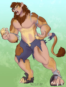 4_toes 5_fingers anthro arm_tuft biped blue_background bottomwear brown_body brown_fur claw_growth claws clothing curled_fingers destroyed_clothing digitigrade dipstick_fingers elbow_tuft eyes_closed eyewear fangs feet finger_claws fingers footwear fur fur_growth glasses gradient_background green_background grey_lips grey_nose growth human_to_anthro lion_mane lips male mane mane_growth mid_transformation multicolored_body multicolored_fur muscular muscular_anthro muscular_male open_mouth pants paws pecs plantigrade_to_digitigrade sharp_teeth shirt shoes simple_background snout snout_growth socks solo species_transformation standing tail tail_tuft tailsplosion tan_body tan_fur tearing_clothing teeth text toe_claws toes tongue topwear torn_bottomwear torn_clothing torn_footwear torn_pants torn_shirt torn_shoes torn_socks torn_topwear transformation tuft whisker_spots white_claws recurrent felid human lion mammal pantherine 2026 absurd_res artist_name digital_media_(artwork) hi_res shaded signature smaller_version_at_source soft_shading url