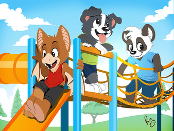 anthro barefoot black_bottomwear black_clothing black_shorts blue_bottomwear blue_clothing blue_shirt blue_shorts blue_sky blue_t-shirt blue_topwear bottomwear brown_body brown_fur closed_smile clothed clothing cloud feet floppy_ears fur glistening glistening_eyes green_clothing green_shirt green_t-shirt green_topwear grey_body grey_fur group head_tuft logo male mouth_closed open_mouth open_smile outside plant red_clothing red_topwear shirt shorts sitting sky smile standing t-shirt topwear tree trio tuft white_body white_fur young young_anthro young_male pandapaco parinton roni_(imroni) bat bear border_collie canid canine canis collie domestic_dog giant_panda herding_dog mammal pastoral_dog sheepdog artist_logo signature